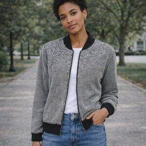 Marine Layer SZ S Birdseye Bomber in Black/White Contrast Style 14098